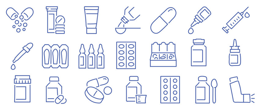 Pharmaceutical dosage forms editable stroke outline icon isolated on white background flat vector illustration. Pixel perfect. 64 x 64.