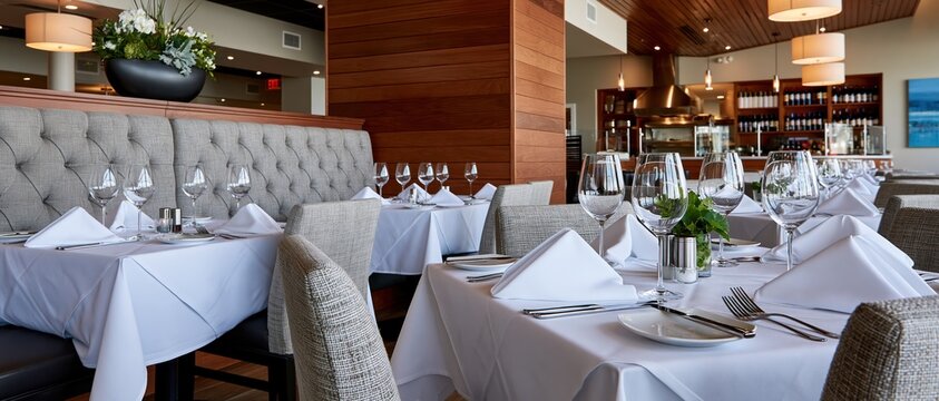 A beautifully arranged dining area in a high-end restaurant showcasing elegant table settings and a contemporary design, perfect for fine dining experiences.