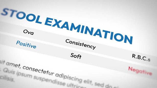 Stool examination report indicates positive ova, soft consistency and negative rbc results, in medical test analysis 4k design
