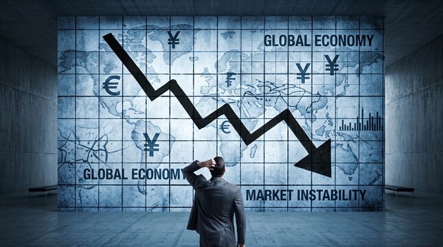 Confused businessman looking at global economic market crash wall chart

