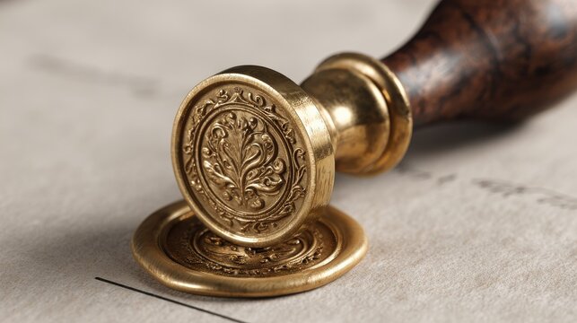 Close-up of an ornate brass seal stamp with a wooden handle resting on a textured surface with subtle ink marks.