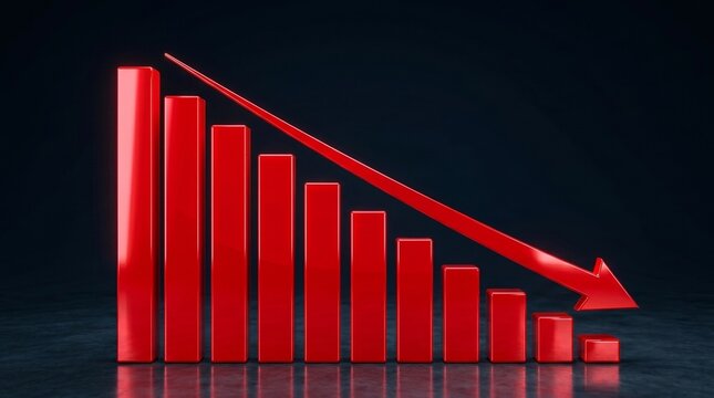 3D Red Bar Chart Graph Showing Downward Trend and Decreasing Arrow, Financial Loss and Recession Concept

