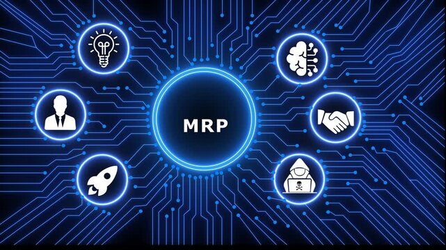 A glowing neon MRP concept surrounded by smaller icons for ai and manufacturing process management all connected in a digital circuit like pattern.circuit lines and digital symbols. 4k