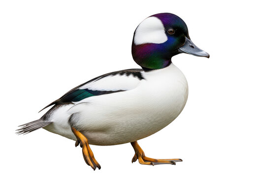A male bufflehead duck featuring a white head patch and iridescent purple and green plumage on its neck isolated on a transparent background