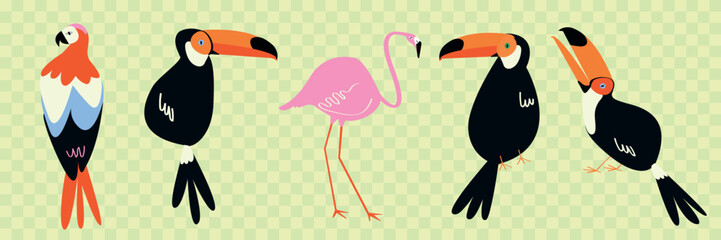 Obraz premium Vector illustration of colorful birds, including toucans and a flamingo.