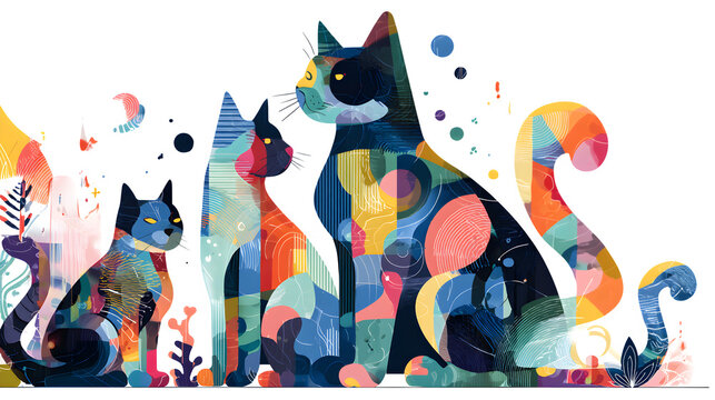 Abstract art cats with colorful geometric patterns isolated on transparent background