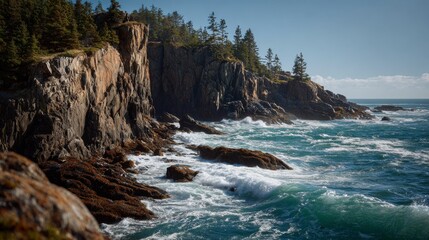 Fototapeta premium Rocky coastline meets ocean, with cliffs covered in trees under a clear blue sky, waves crashing against the shore