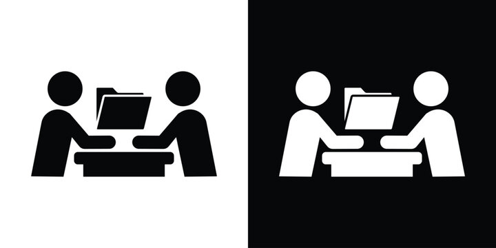 Document management and data sharing icon with two people reviewing an open folder over a desk. Corporate files, archive, tax audit concept vector.