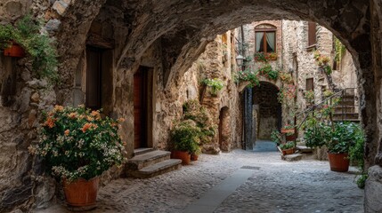 Naklejka premium A quaint stone street scene in an old European town, featuring arched passages, flowers, and charming architecture