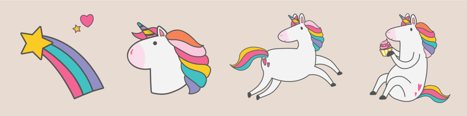 Obraz premium Vector of cute unicorns with rainbow manes and a shooting star on a beige background.