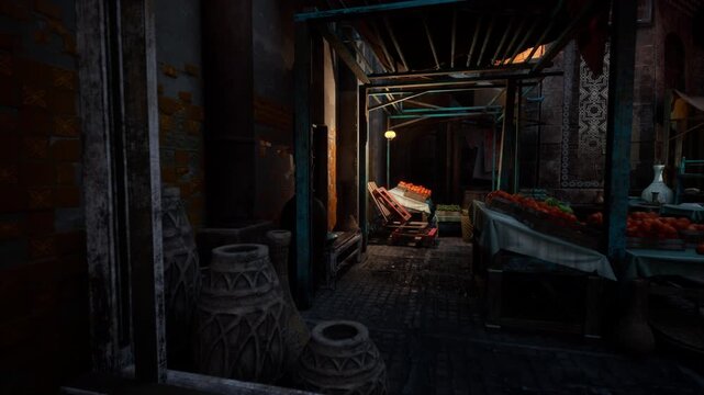 moody night market alley with lanterns. narrow cobblestone passage lined with wooden stalls and overflowing fruit crates, orange piles glowing under single