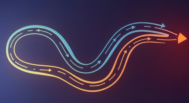 Abstract visualization of a complex, unpredictable route with multiple curves and breaks, illustrating uncertainty and deviation from a standard straight path, strategy, complexity, structure