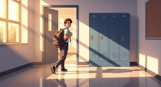 Young student walking into school hallway with backpack and lockers  