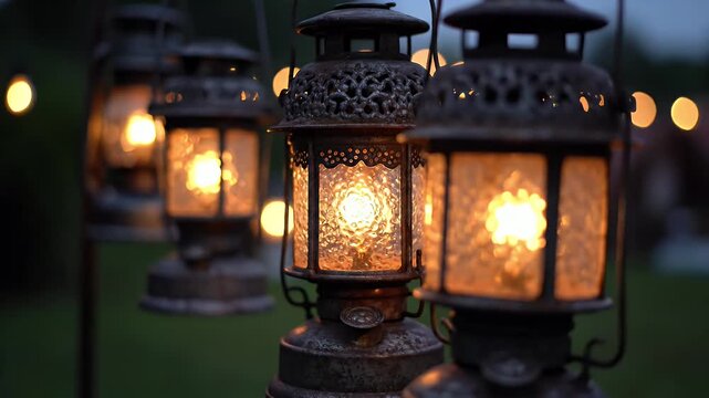 A row of ornate vintage lanterns glowing warmly along a twilight garden path