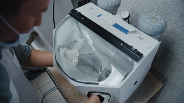 Technician using a sandblasting machine to clean a dental prosthesis inside a laboratory