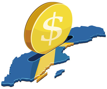 Vector artwork symbolizing american foreign investment, transatlantic trade partnerships, international financial capital, and dollar exchange inside the map of Sweden, (cut out)