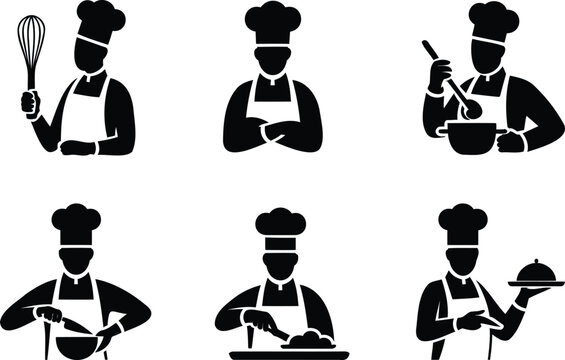 Collection of six minimalist silhouette icons depicting chefs performing various culinary tasks with professional equipment and food items