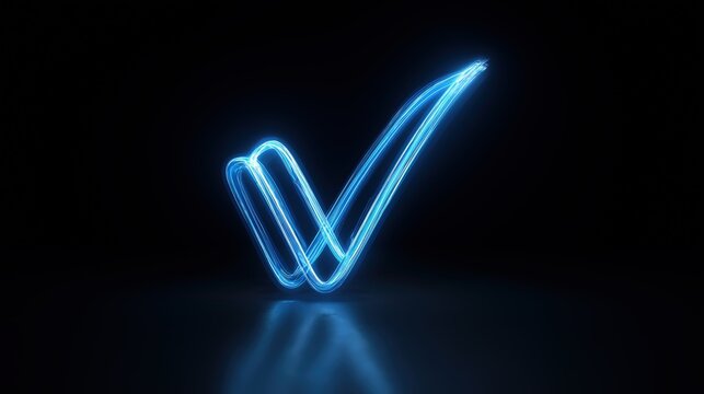 A glowing blue checkmark made of light streaks on a dark background, reflecting on a shiny surface.