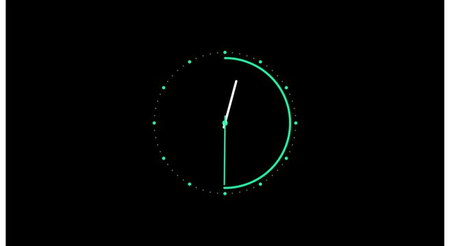 Minimalist digital clock timer animation with glowing neon green progress arc animation