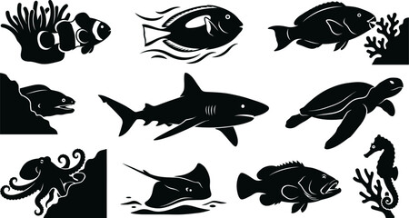 Black silhouette sea creatures icons set including fish shark turtle and octopus swimming underwater © SAYEDAJANNATUL
