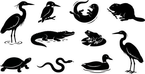 Fototapeta premium Black silhouettes of various animals on white background birds reptiles amphibians