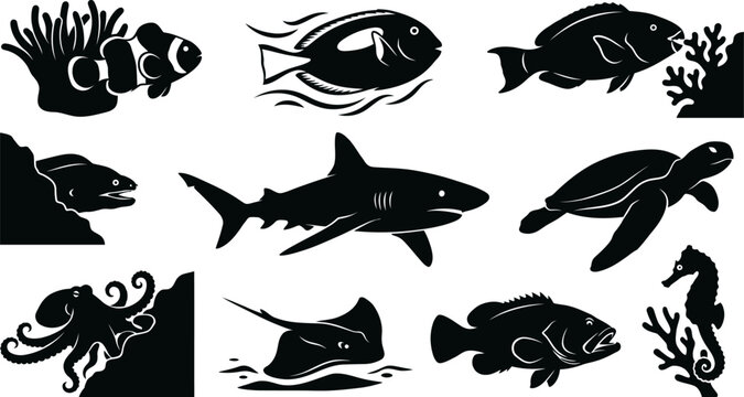 Black silhouette sea creatures icons set including fish shark turtle and octopus swimming underwater