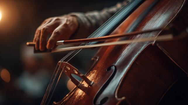 Close-up of a musician's hand drawing a bow across the strings of a cello. Warm lighting illuminates the instrument's wood