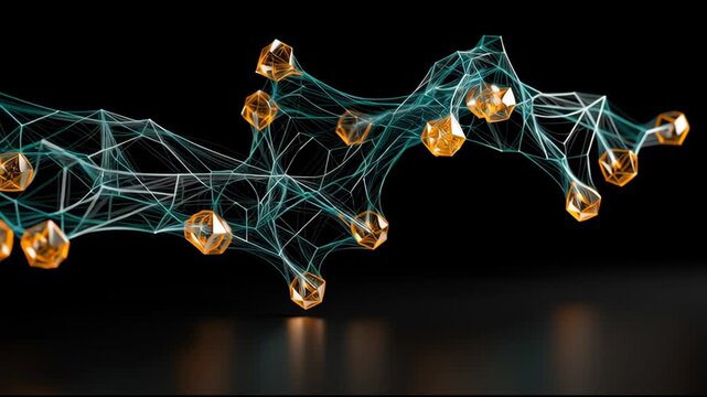 Particles move along connections in a dark environment, showcasing a dynamic arrangement that demonstrates molecular interaction in real time.