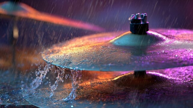 Close-up of cymbals with water droplets, illuminated with colorful stage lighting, creating a dramatic atmosphere