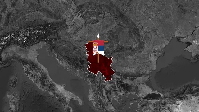 Animated Serbian flag and coat of arms overlaid on a map of Europe in motion