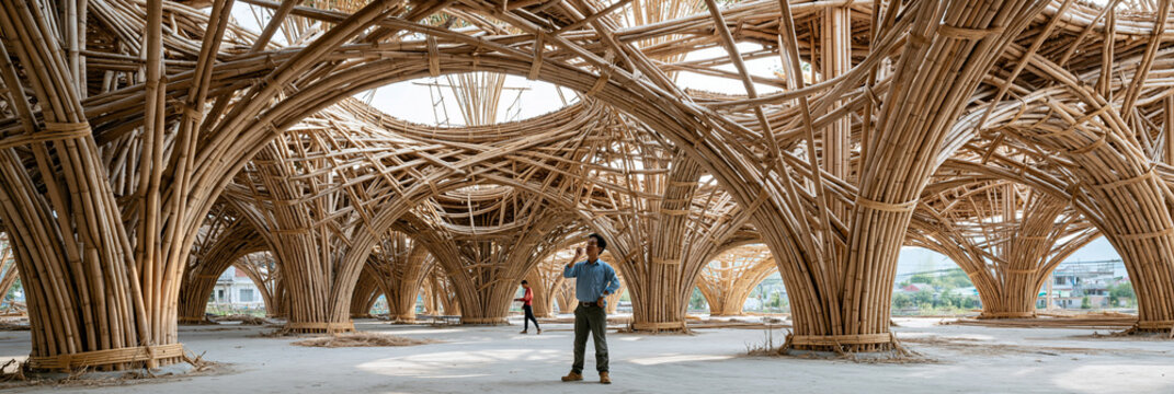A stylish male Asian architect stands amidst intricate bamboo architecture.