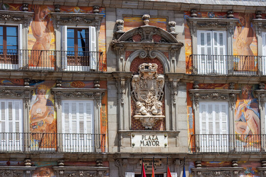 Scenic of Plaza Mayor Square in Madrid, Spain, sunny day with blue sky.