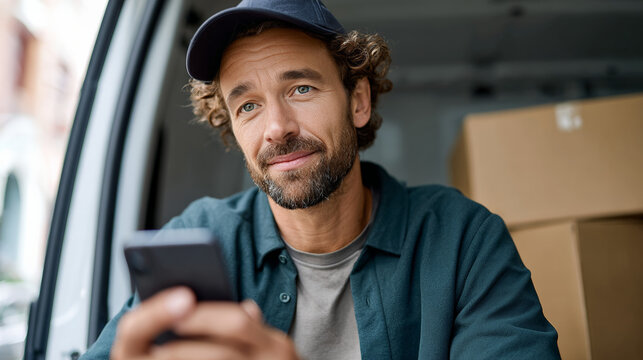 Delivery driver checking smartphone inside cargo van near boxes