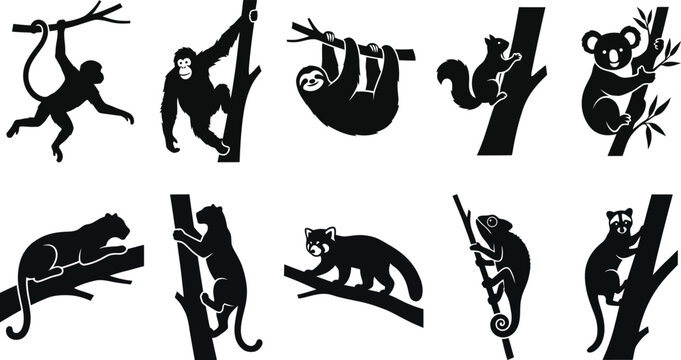 Black silhouettes of various wild animals climbing trees and branches freely