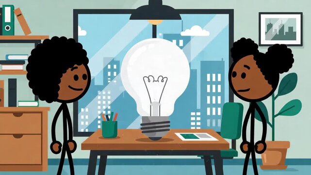 african american stick figure coworkers celebrating bright idea in modern office. giant glowing lightbulb on desk. teamwork, brainstorming, innovation concept. corporate animation, presentation.