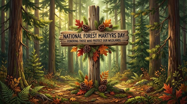 National forest martyrs day wooden cross sign decorated with autumn leaves and pine cones in a lush green forest with tall pine trees