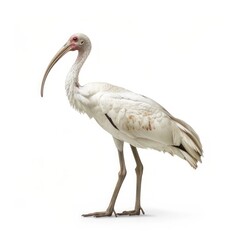Naklejka premium A solitary white ibis stands gracefully on a white background, its long neck and legs are slender, feathers are soft and slightly worn, revealing a sense of calm and natural elegance.