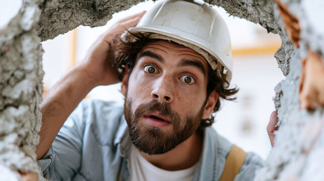 Surprised male construction worker peering through a hole in drywall.