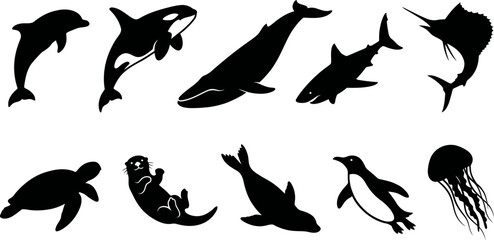 Collection of sea animals and ocean creatures silhouettes on white background © SAYEDAJANNATUL