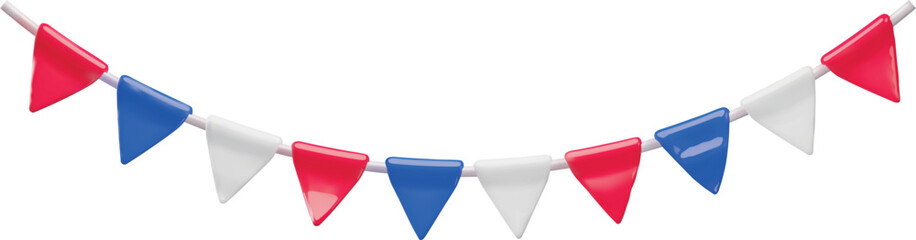 Naklejka premium A festive 3D arced garland of triangular flags in red, blue, and white.