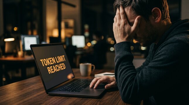 Frustrated man facing token limit reached on laptop at night