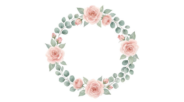 Watercolor floral wreath with pink roses and eucalyptus leaves, elegant flower frame for wedding invitations, romantic botanical border on white background