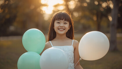 Naklejka premium Joyful Young Girl Holding Green and White Balloons Outdoors at Sunset for 14 August Independence Day