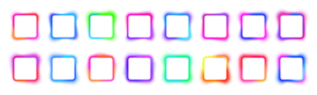 Bright neon square frame with electric LED illumination. Gradient glow surrounds sharp borders and box line. Futuristic light shape in PNG. Vector illustration.