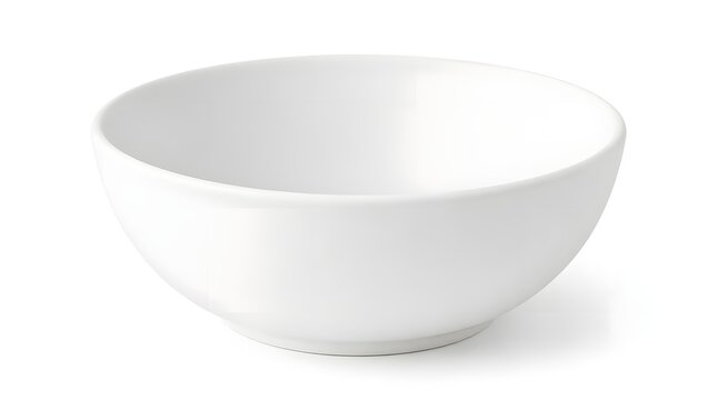 Empty white ceramic bowl on clean white background with soft shadow
