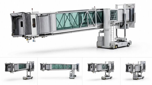 Detailed model of a retractable aerobridge, mechanical structure isolated on white.