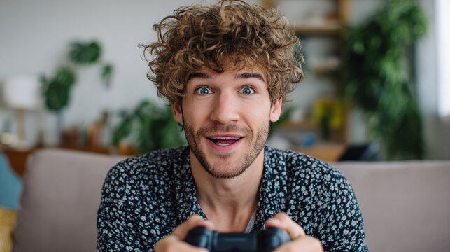 Young man playing video game on living room sofa at home