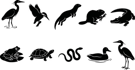 Obraz premium Silhouette icons of various wildlife animals and reptiles on white background