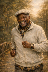 Obraz premium The man is walking and smiling with trees in the background. He has a hat on his head and is wearing a jacket. The pathway seems to be made of dirt or gravel.