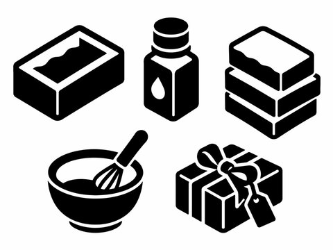 Soap making elements: bar soap, essential oil, mixing bowl, gift box icons